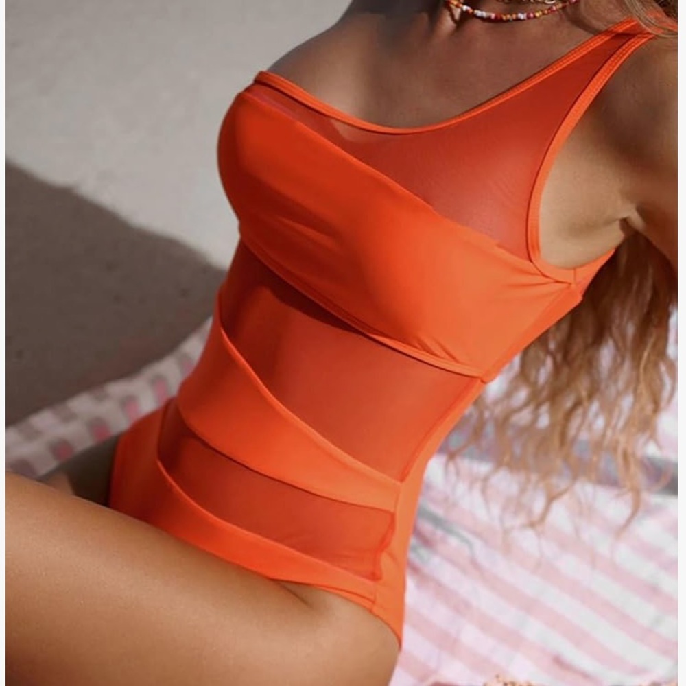 BIKINX Orange One-Shoulder Monokini | Mesh Panel Swimsuit